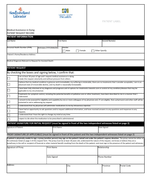 Medical Assistance in Dying Patient Request Record Labrador-Grenfell Health - Newfoundland and Labrador, Canada Download Pdf