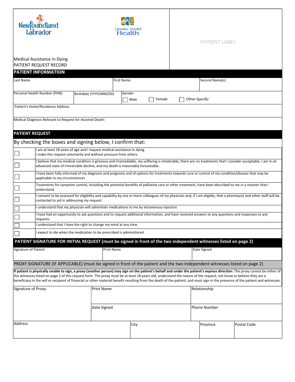 Medical Assistance in Dying Patient Request Record Labrador-Grenfell Health - Newfoundland and Labrador, Canada, Page 1