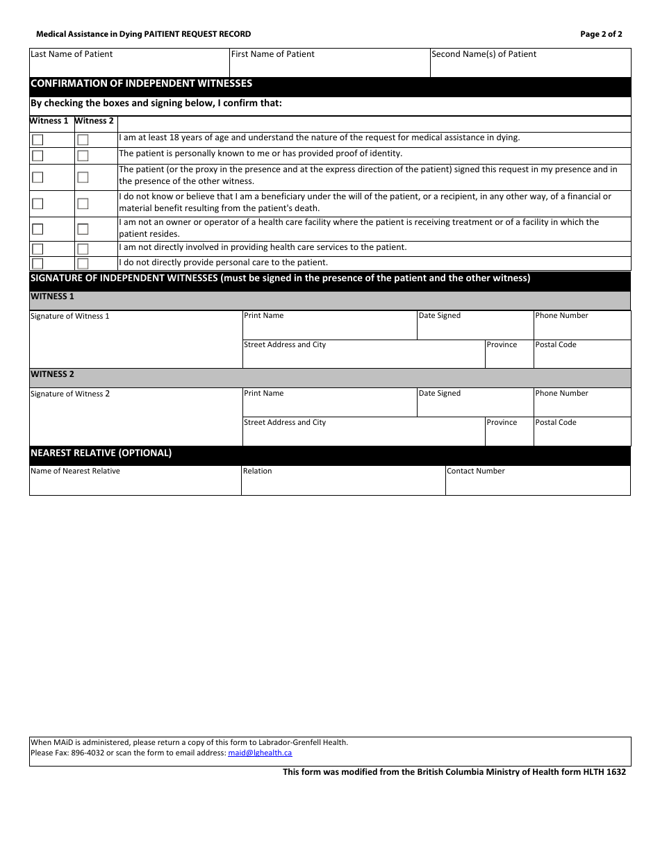 Medical Assistance in Dying Patient Request Record Labrador-Grenfell Health - Newfoundland and Labrador, Canada, Page 2