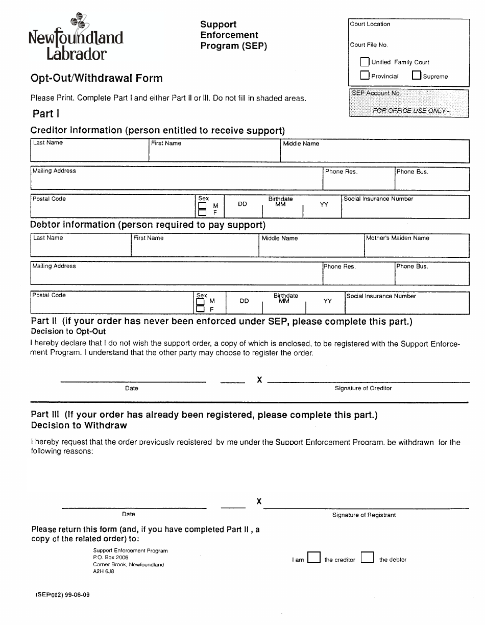 Support Enforcement Program (Sep) Opt-Out / Withdrawal Form - Newfoundland and Labrador, Canada, Page 1