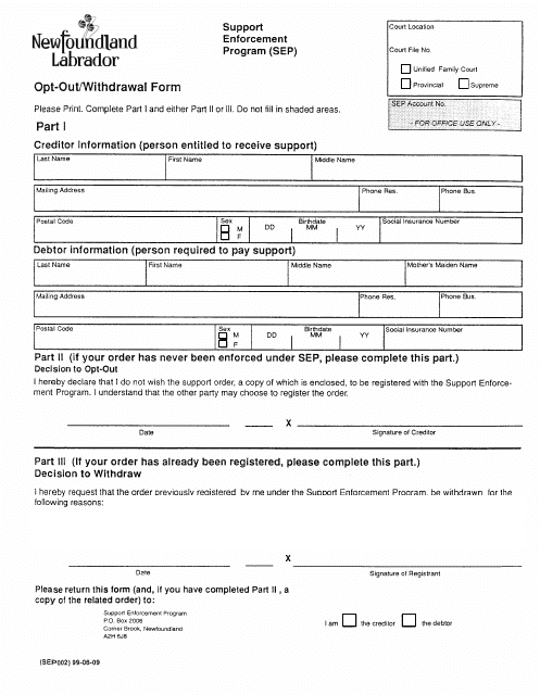&quot;Support Enforcement Program (Sep) Opt-Out/Withdrawal Form&quot; - Newfoundland and Labrador, Canada Download Pdf