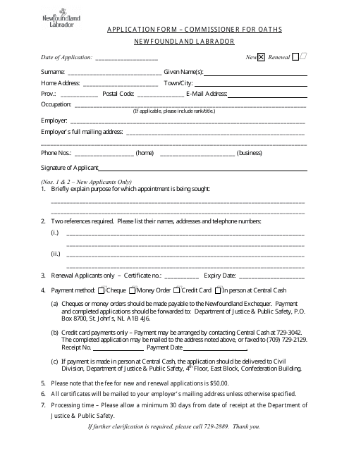 Application Form - Commissioner for Oaths - Newfoundland and Labrador, Canada