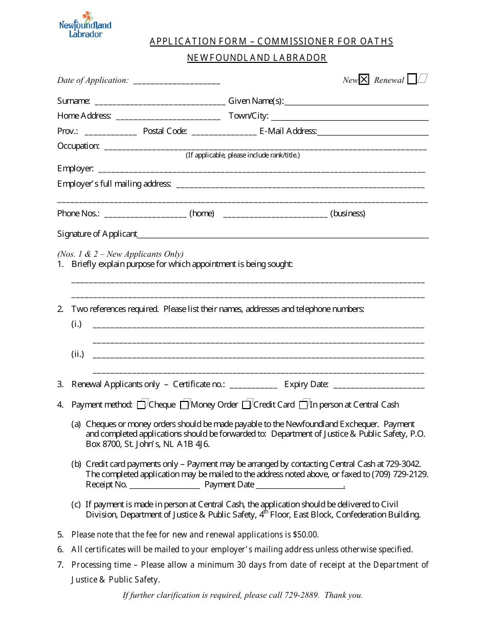 Application Form - Commissioner for Oaths - Newfoundland and Labrador, Canada, Page 1