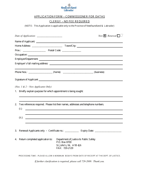 Application Form - Commissioner for Oaths Clergy - Newfoundland and Labrador, Canada