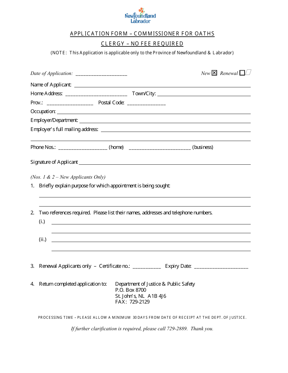 Application Form - Commissioner for Oaths Clergy - Newfoundland and Labrador, Canada, Page 1