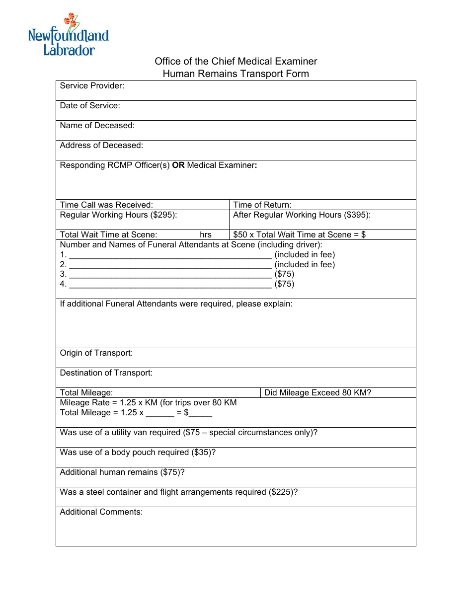 Newfoundland And Labrador Canada Human Remains Transport Form - Fill 