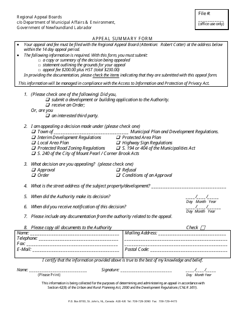 Appeal Summary Form - Newfoundland and Labrador, Canada Download Pdf