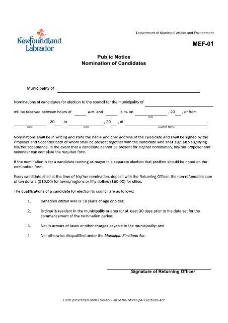 Form MEF-01 Public Notice Nomination of Candidates - Newfoundland and Labrador, Canada