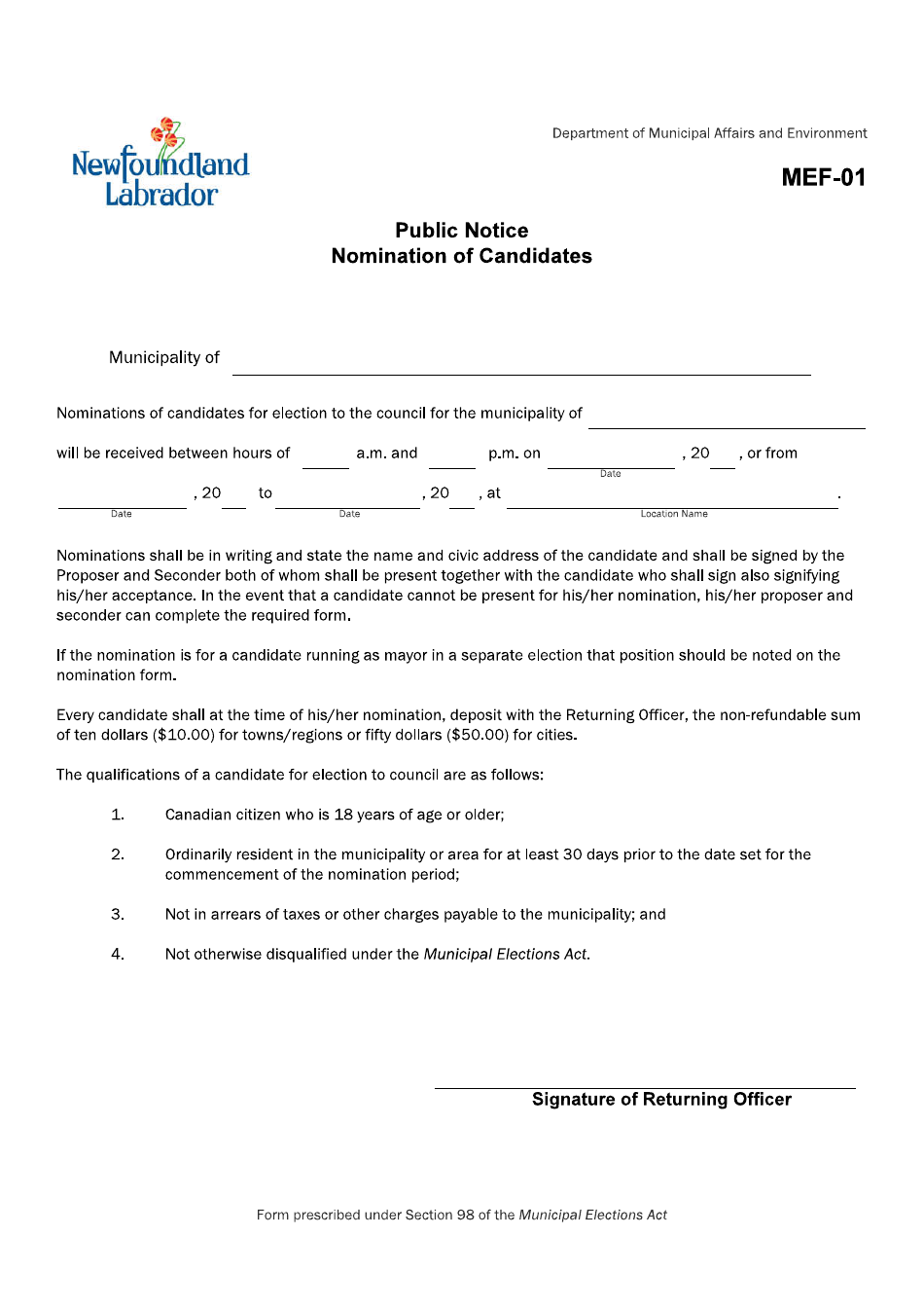 Form MEF-01 Public Notice Nomination of Candidates - Newfoundland and Labrador, Canada, Page 1