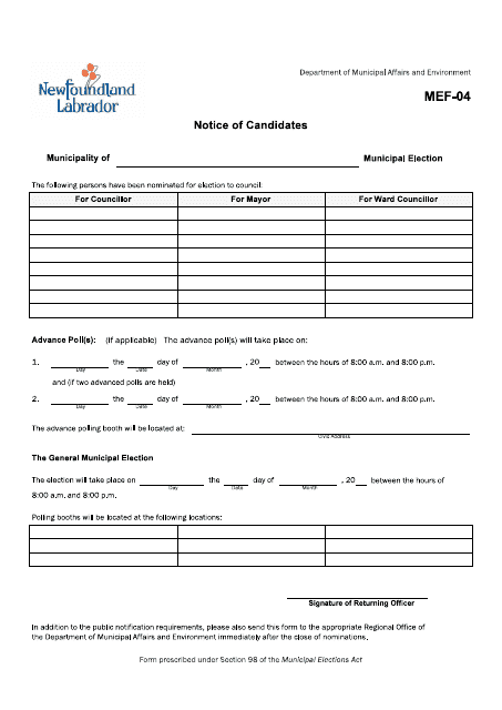 Form MEF-04 Notice of Candidates - Newfoundland and Labrador, Canada