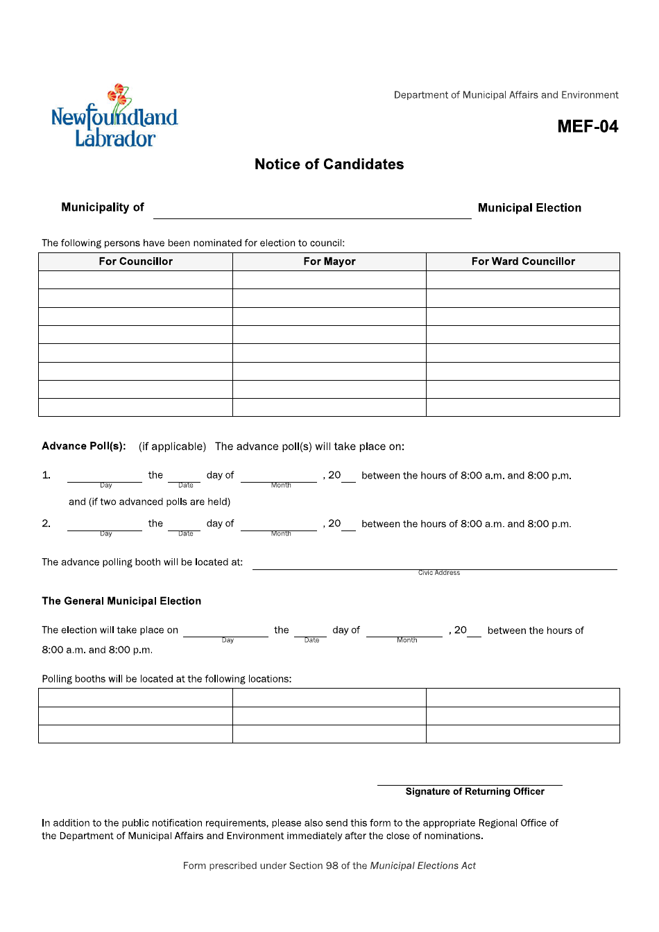 Form MEF-04 Notice of Candidates - Newfoundland and Labrador, Canada, Page 1