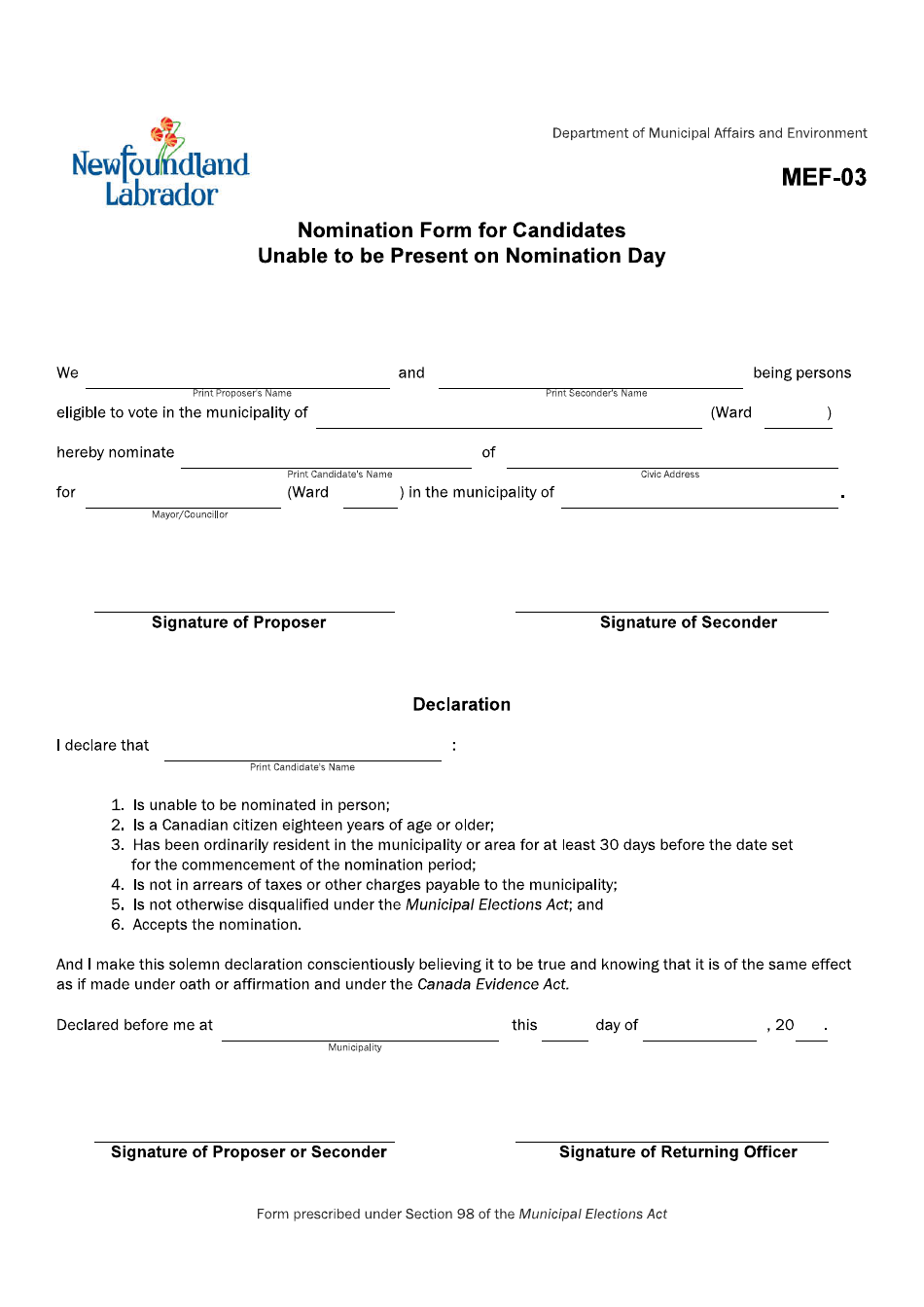 Form MEF-03 Nomination Form for Candidates Unable to Be Present on Nomination Day - Newfoundland and Labrador, Canada, Page 1