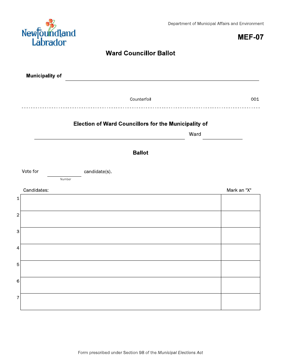 Form MEF-07 Ward Councillor Ballot - Newfoundland and Labrador, Canada, Page 1