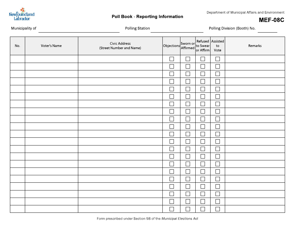 Form MEF-08C Poll Book - Reporting Information - Newfoundland and Labrador, Canada, Page 1