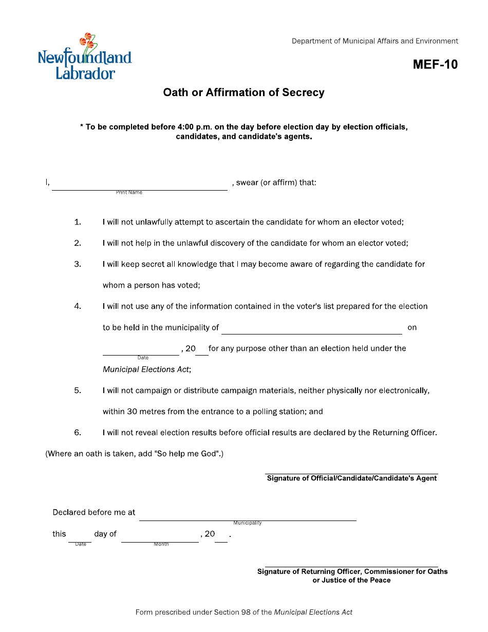 Form MEF-10 Oath or Affirmation of Secrecy - Newfoundland and Labrador, Canada, Page 1