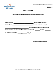 Form MEF-12 &quot;Proxy Certificate&quot; - Newfoundland and Labrador, Canada
