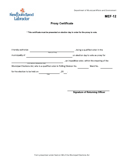 Form MEF-12 Proxy Certificate - Newfoundland and Labrador, Canada