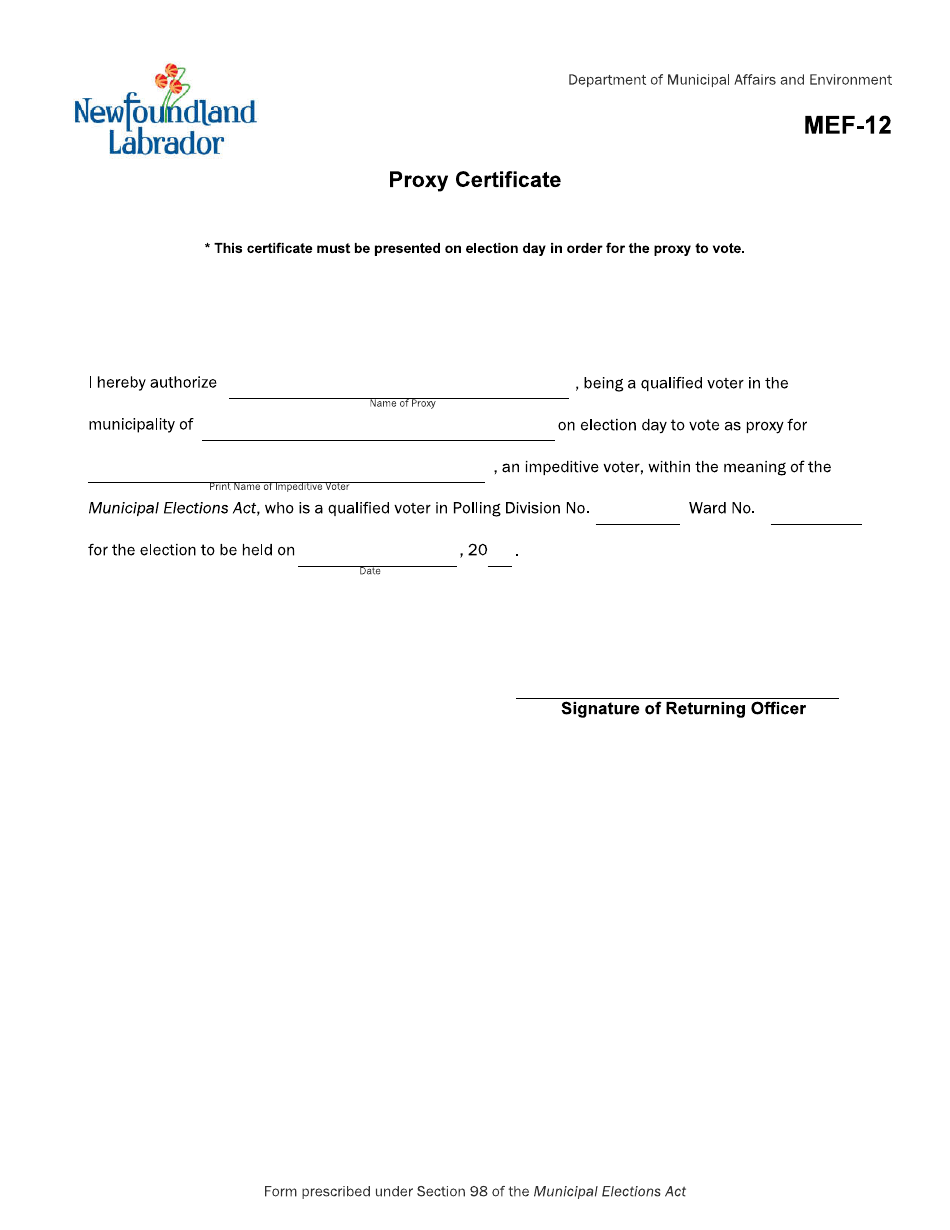 Form MEF-12 Proxy Certificate - Newfoundland and Labrador, Canada, Page 1