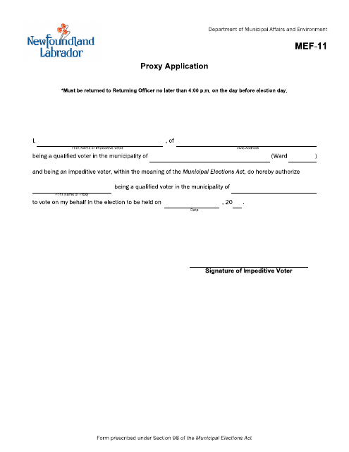 Form MEF-11 Proxy Application - Newfoundland and Labrador, Canada