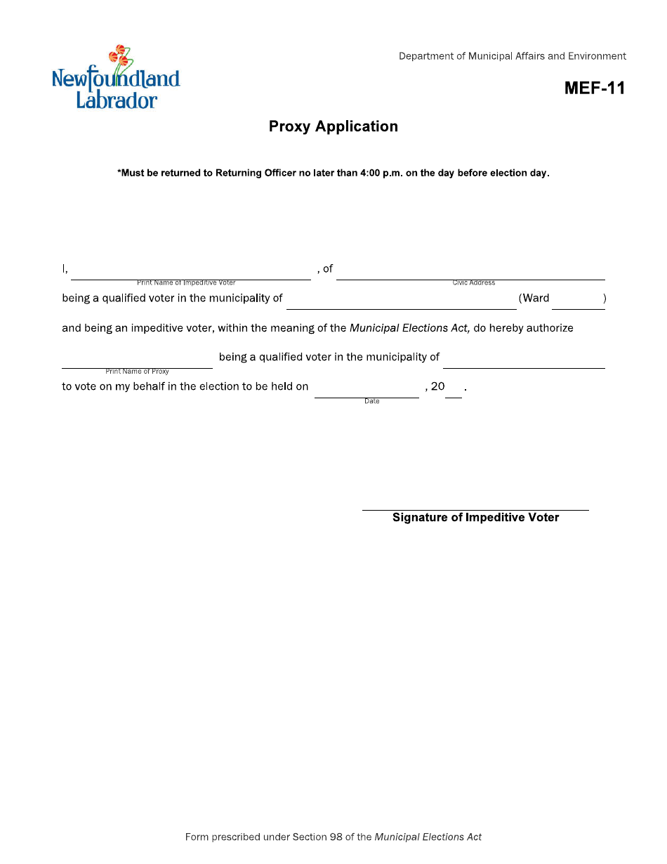 Form MEF-11 Proxy Application - Newfoundland and Labrador, Canada, Page 1