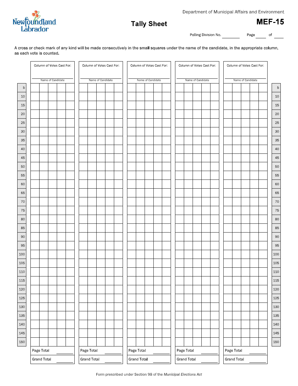 Form MEF-15 Tally Sheet - Newfoundland and Labrador, Canada, Page 1