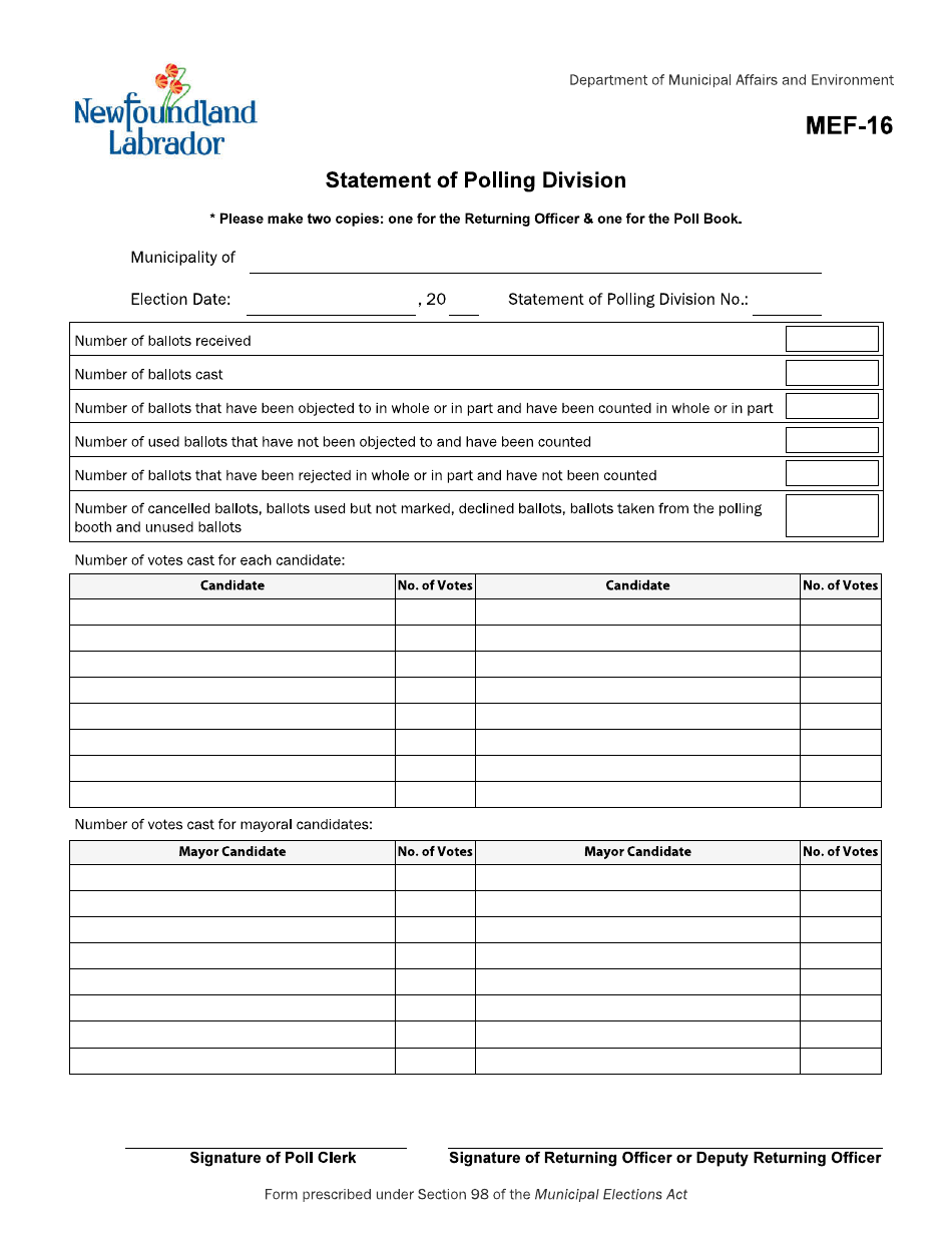 Form MEF-16 Statement of Polling Division - Newfoundland and Labrador, Canada, Page 1
