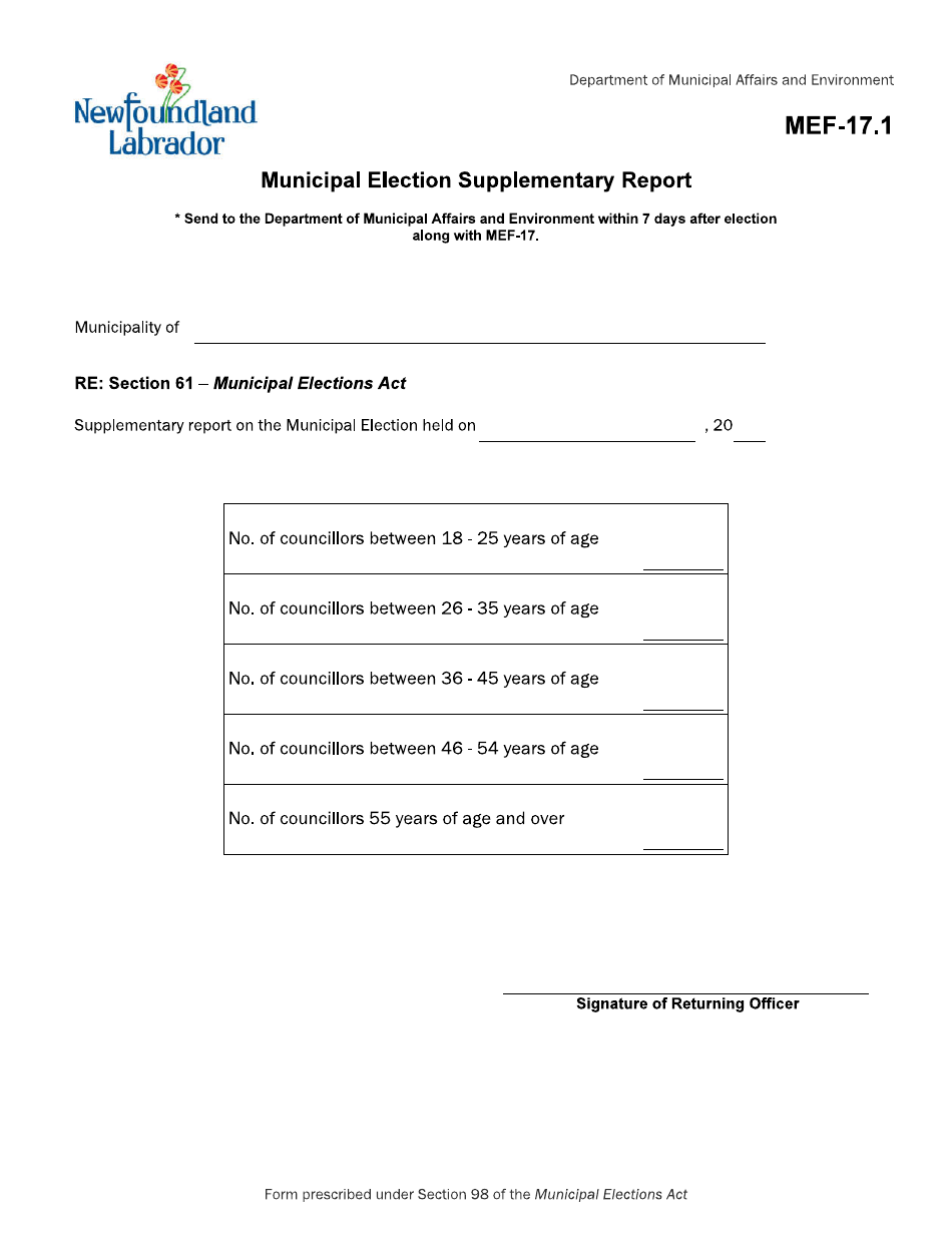 Form MEF-17.1 Municipal Election Supplementary Report - Newfoundland and Labrador, Canada, Page 1