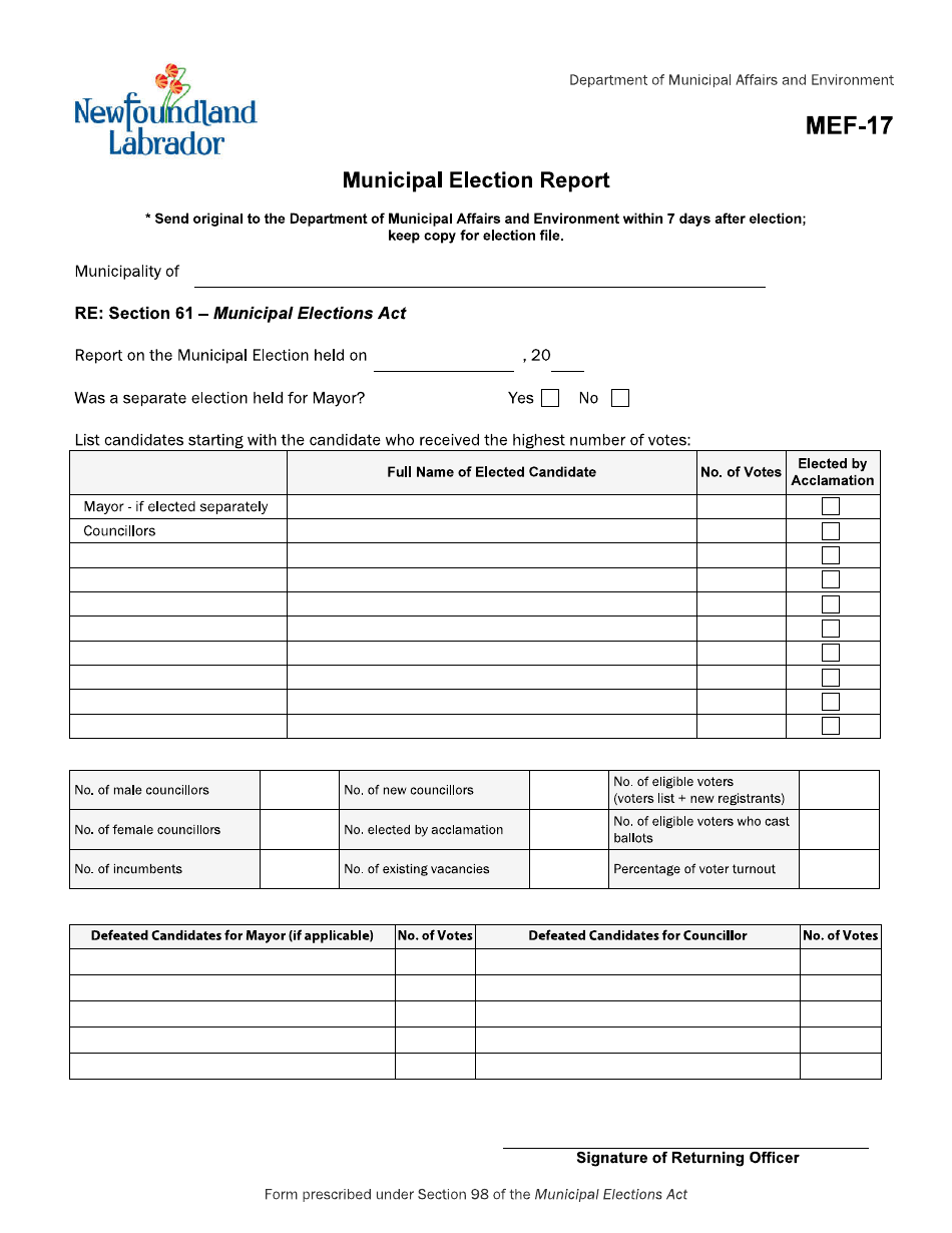 Form MEF-17 Municipal Election Report - Newfoundland and Labrador, Canada, Page 1