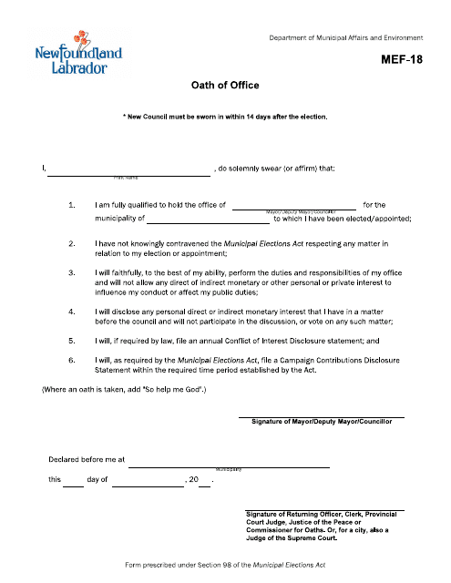 Form MEF-18 Oath of Office - Newfoundland and Labrador, Canada