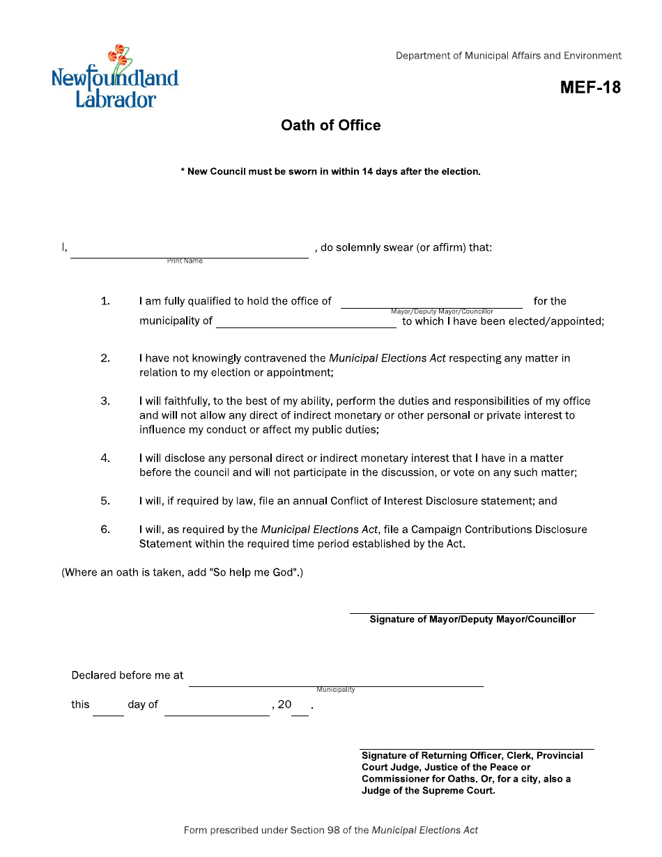 Form MEF-18 Oath of Office - Newfoundland and Labrador, Canada, Page 1