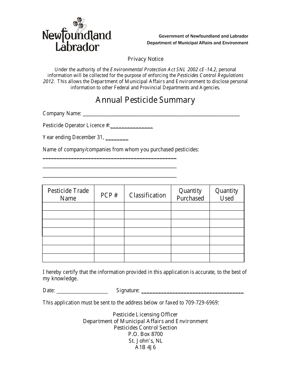 Annual Pesticide Summary - Newfoundland and Labrador, Canada, Page 1