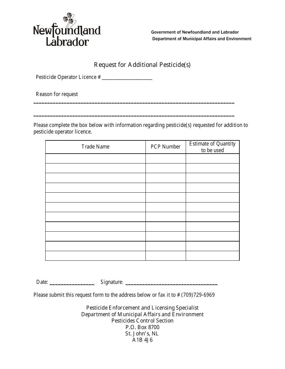 Request for Additional Pesticide(S) - Newfoundland and Labrador, Canada, Page 1