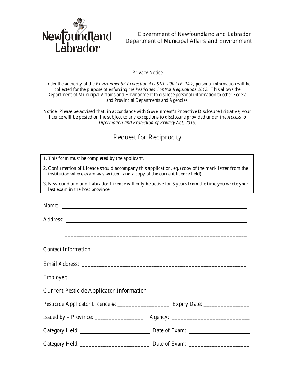 Request for Reciprocity - Newfoundland and Labrador, Canada, Page 1