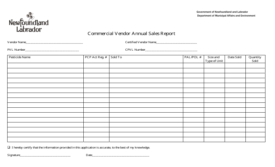 Commercial Vendor Annual Sales Report - Newfoundland and Labrador, Canada, Page 1