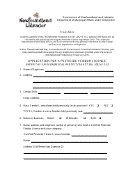 Document preview: Application for a Pesticide Vendor Licence - Newfoundland and Labrador, Canada