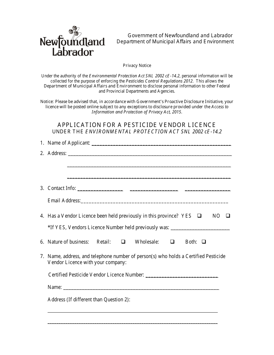 Application for a Pesticide Vendor Licence - Newfoundland and Labrador, Canada, Page 1