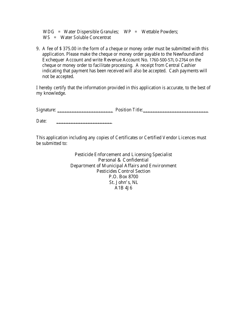 Application for a Pesticide Vendor Licence - Newfoundland and Labrador, Canada, Page 3