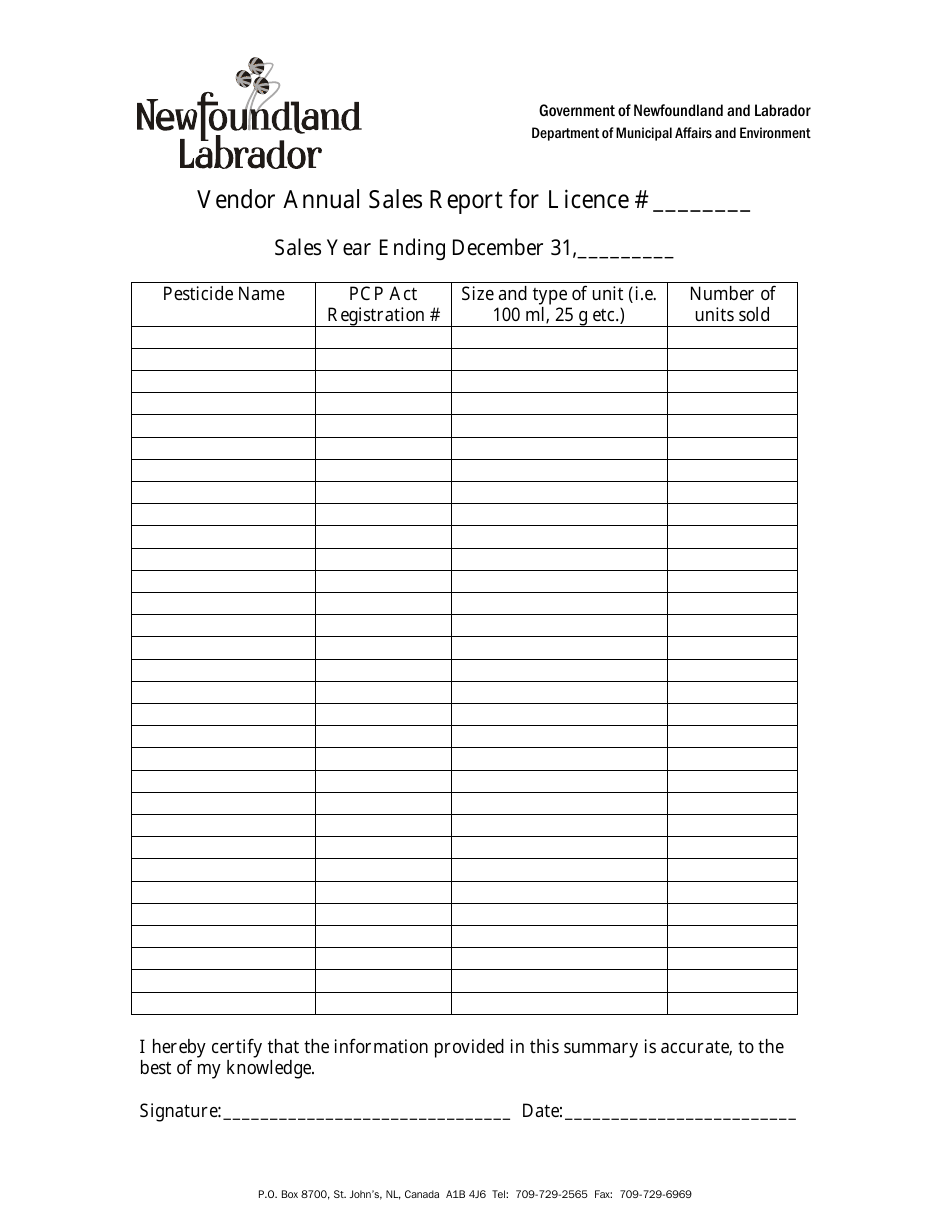 Vendor Annual Sales Report for Licence - Newfoundland and Labrador, Canada, Page 1