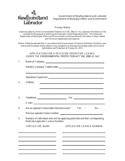 Application for a Pesticide Operator License - Newfoundland and Labrador, Canada