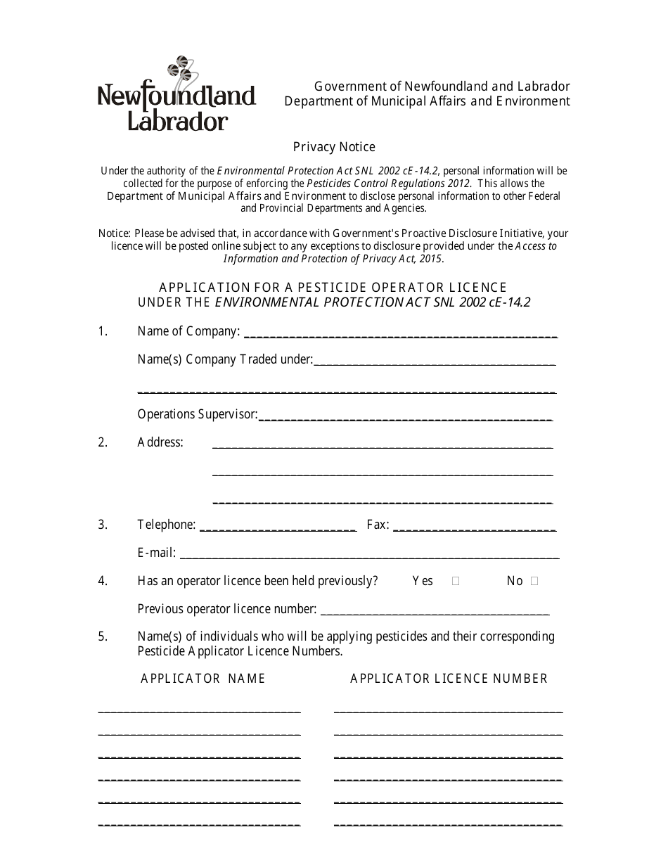 Application for a Pesticide Operator License - Newfoundland and Labrador, Canada, Page 1