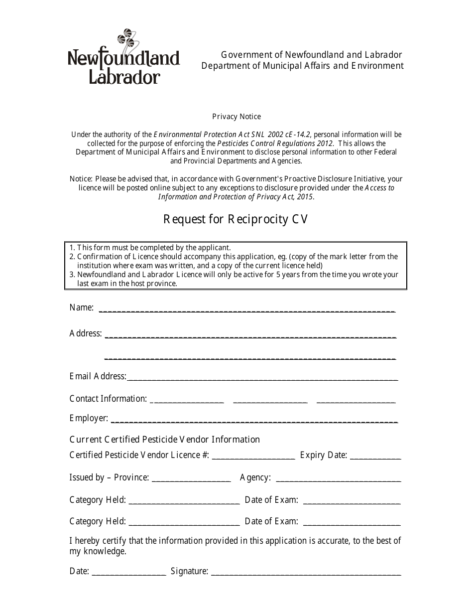 Request for Reciprocity Cv - Newfoundland and Labrador, Canada, Page 1