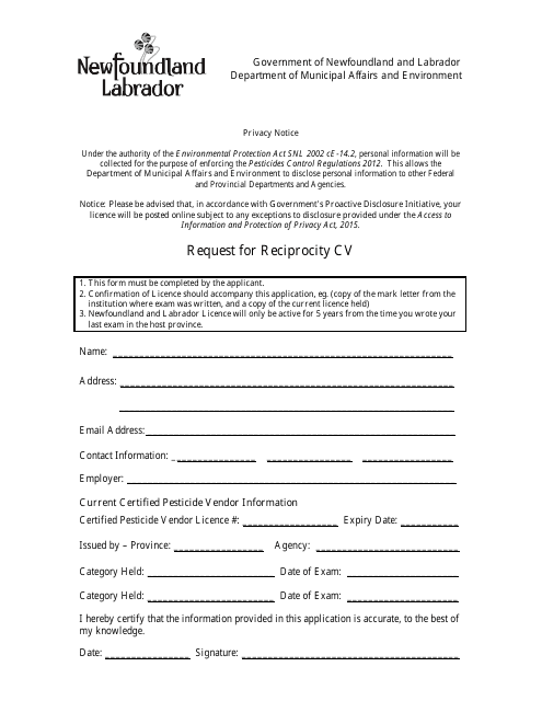 Request for Reciprocity Cv - Newfoundland and Labrador, Canada Download Pdf