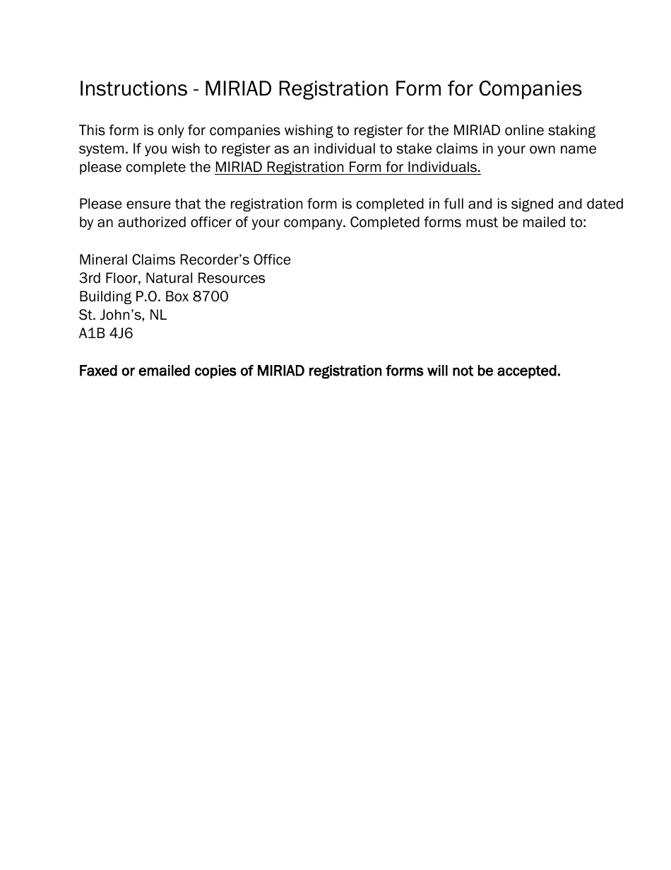 Miriad Registration Form for Companies - Newfoundland and Labrador, Canada, Page 1
