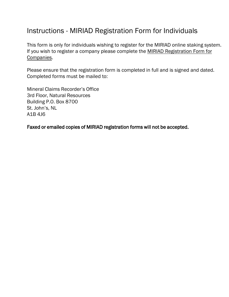 Miriad Registration Form for Individuals - Newfoundland and Labrador, Canada, Page 1