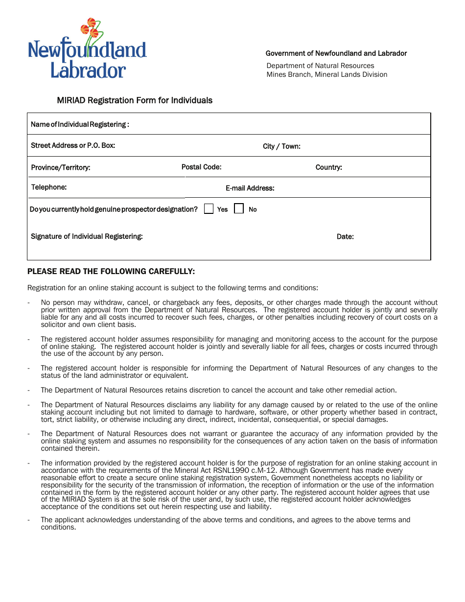 Miriad Registration Form for Individuals - Newfoundland and Labrador, Canada, Page 2