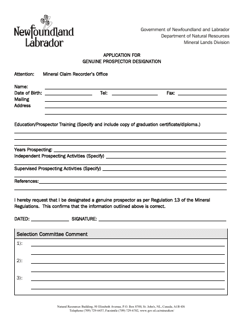 Application for Genuine Prospector Designation - Newfoundland and Labrador, Canada Download Pdf