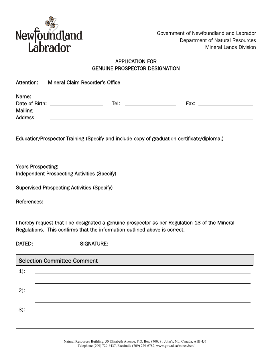 Application for Genuine Prospector Designation - Newfoundland and Labrador, Canada, Page 1