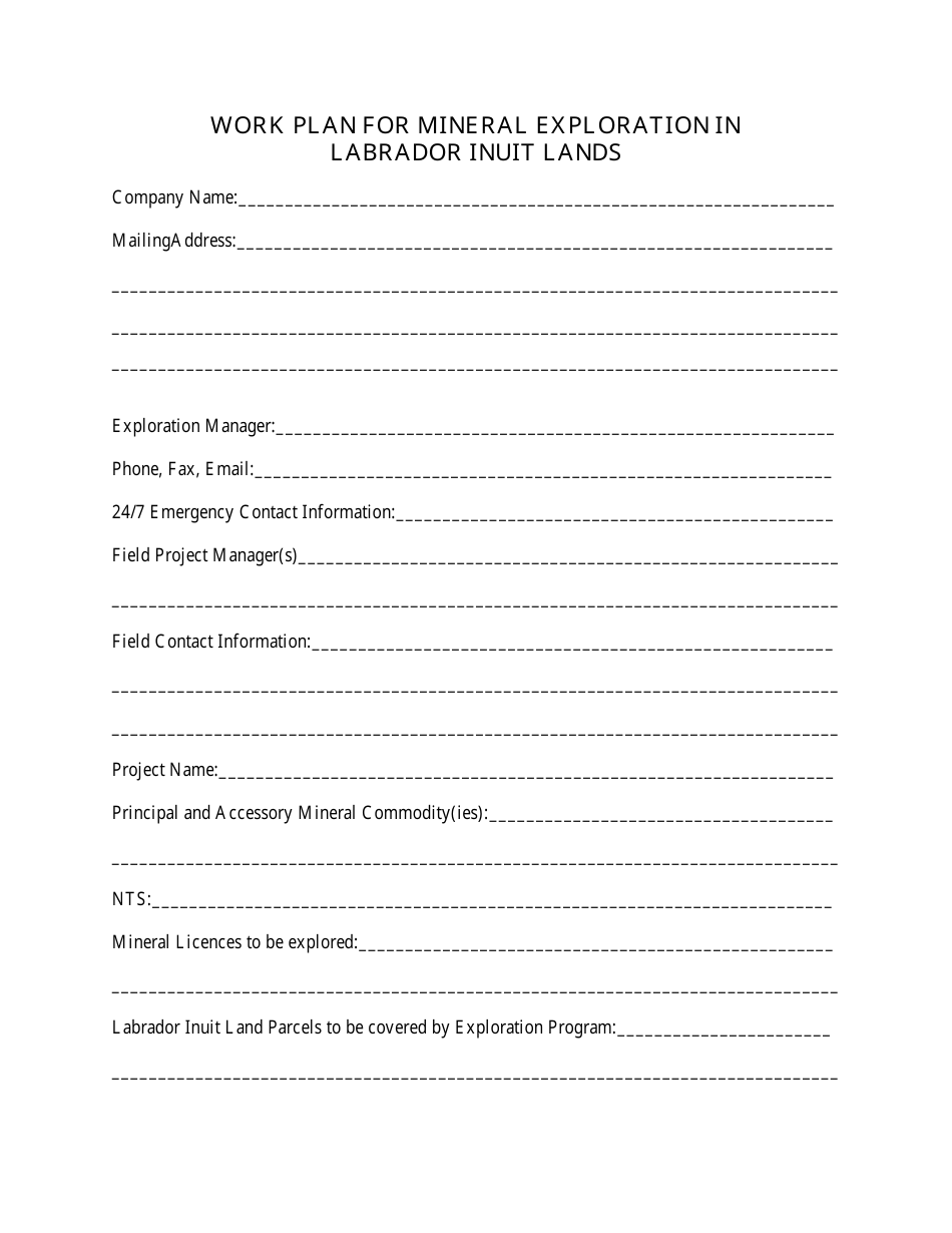 Form for Preparation of a Work Plan for Mineral Exploration in Labrador Inuit Lands - Newfoundland and Labrador, Canada, Page 2