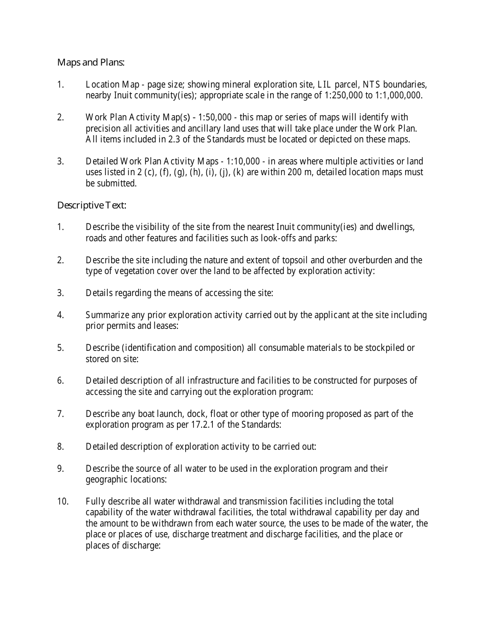 Form for Preparation of a Work Plan for Mineral Exploration in Labrador Inuit Lands - Newfoundland and Labrador, Canada, Page 3
