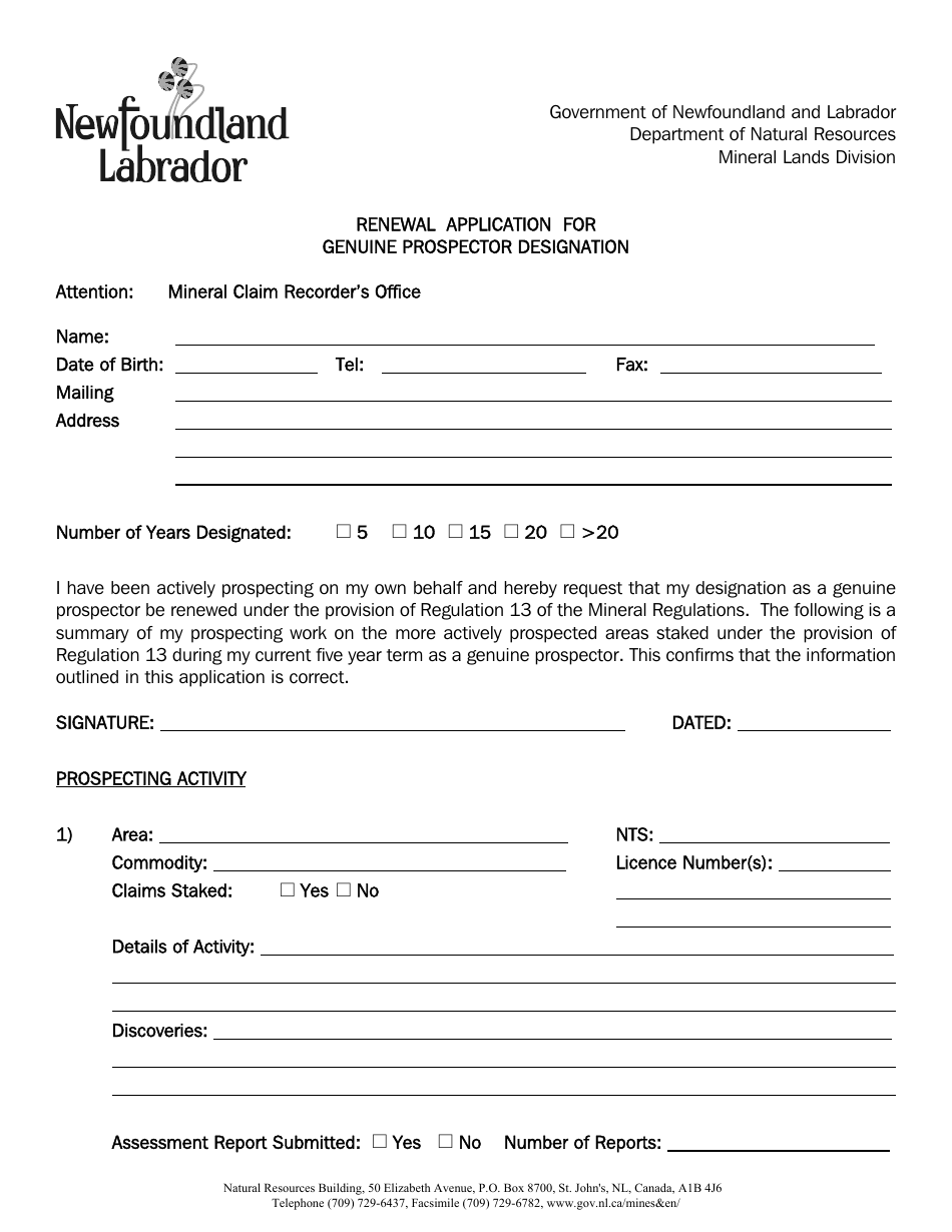 Renewal Application for Genuine Prospector Designation - Newfoundland and Labrador, Canada, Page 1